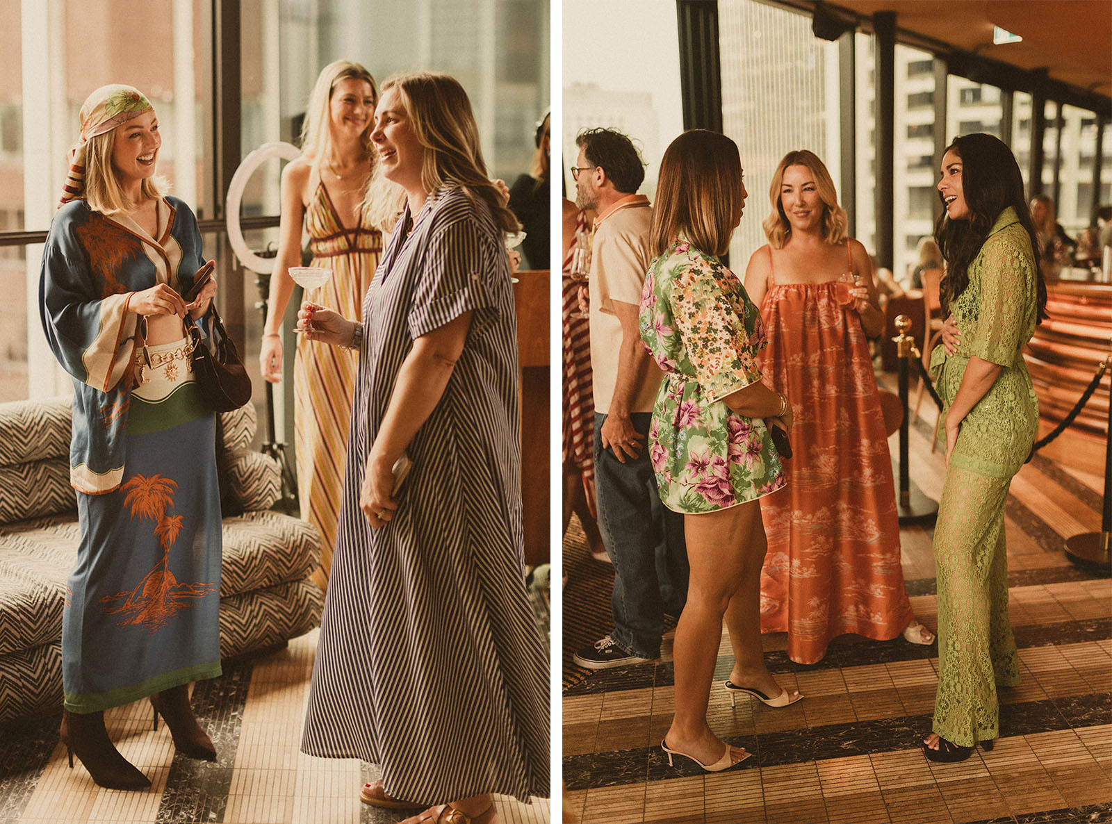 Guests at Sky Bar Sydney wearing Bohemian Traders Resort ’25 Golden Hour Club.